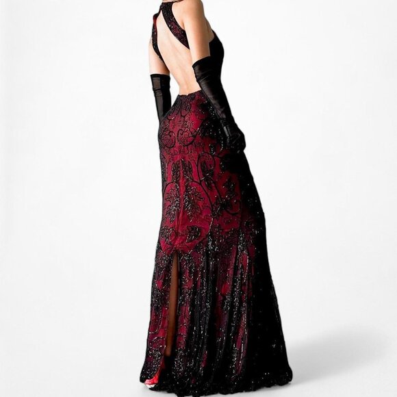 Vintage Burgundy Red Floral Beaded Silk Bodycon Maxi Formal Prom Dress Size S/M - Picture 4 of 8